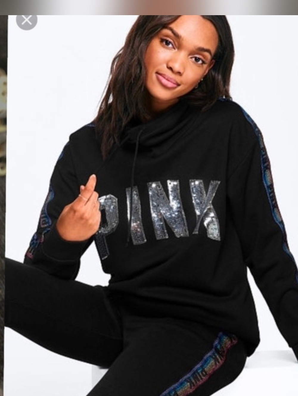 PINK Victoria's Secret Women's Black Cowlneck Hoodie With Sequins